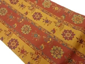 縞に花・花喰い鳥模様織出し開き名古屋帯（額縁仕立て）